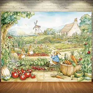 1pc Spring Garden Backdrop Cartoon Rabbit Design 100 Percent Polyester Durable Multipurpose Wall Decor Ideal For Photo Booths Studio Props Birthday Parties