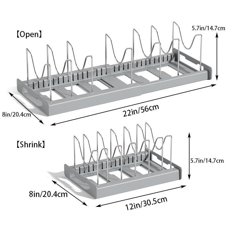 Metal Expandable Kitchen Pot and Pan Storage Rack - Adjustable Partitioned Holder for Pot Lids, Baking Utensils, Under-Cabinet Use - Home Supply Kitchen Accessory, Racks
