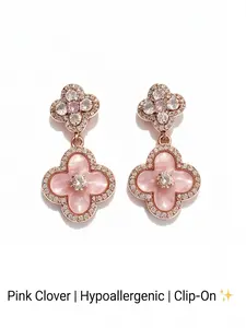 Hypoallergenic Pink Four Leaf Clover Clip On Dangle Earrings for Women, Elegant Sparkly Rhinestone Lucky Clover Drop Earrings for Daily Wear Office Date Night Wedding Cocktail Party Vacation, Ideal Gift for Girlfriend & Best Friend on Birthday Valentine's