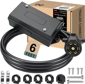 7 Pin Trailer Wiring Harness Kit 6 Feet, 7 Gang Waterproof Junction Box with Heavy Duty 7 Way Trailer Cord Pigtail, Double Prongs Connector Inline Cable for RV Standard (6ft)