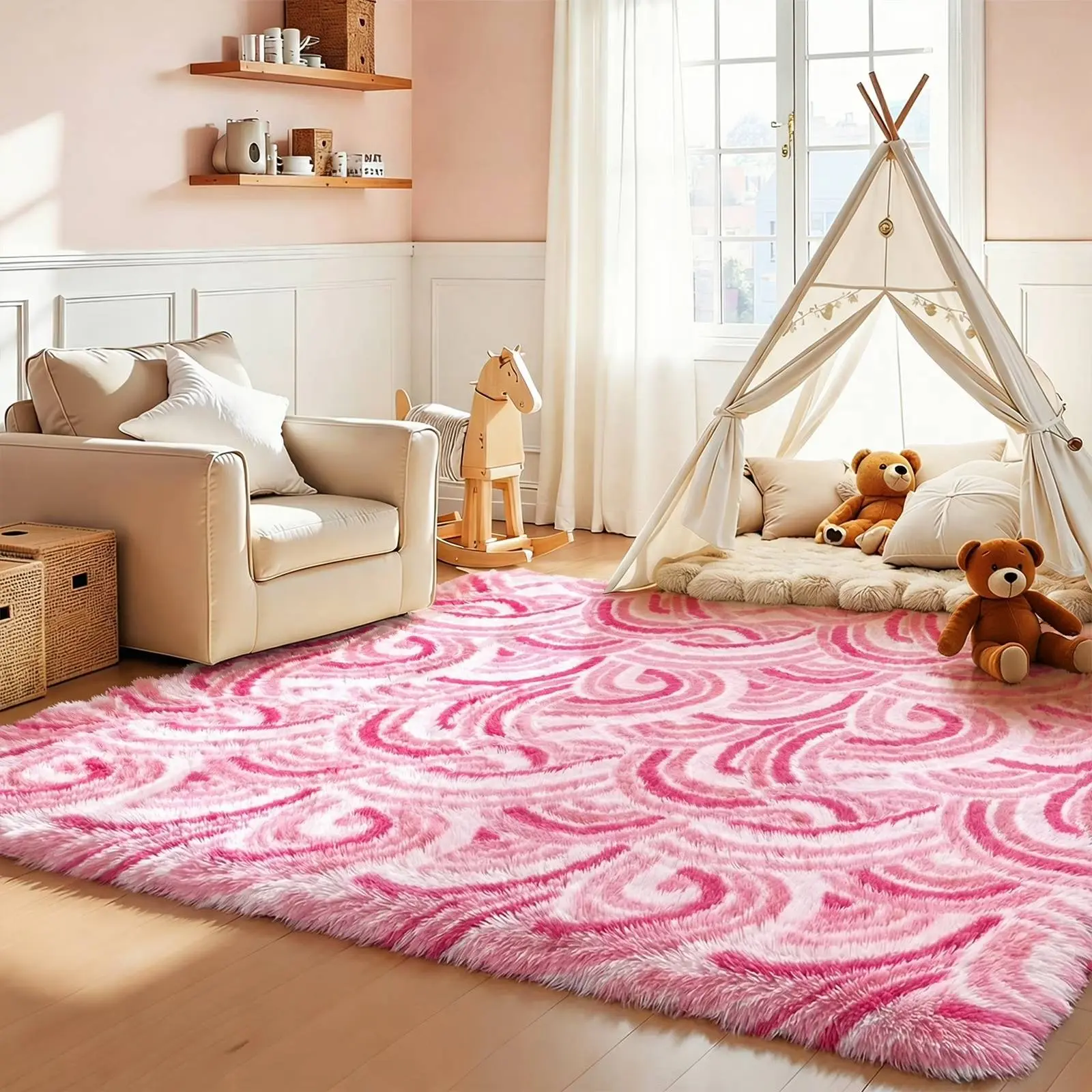 [Back to School] HEBE Fluffy Area Rug for Living Room Shaggy Rugs Large Comfy Fuzzy Washable Rug for Living Room Neutral Cute Plush Carpet for Bedroom Kids Room Nursery Dorm Playroom Decor