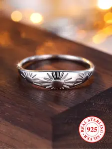 S925 Sterling Silver Vintage Sunflower Engraving Ring, Fashion Accessories for Women & Men, Trendy All-match & Exquisite Jewelry for Birthday Gift, Vintage Embossed Ring