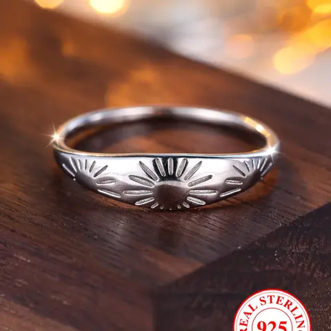 S925 Sterling Silver Vintage Sunflower Engraving Ring, Fashion Accessories for Women & Men, Trendy All-match & Exquisite Jewelry for Birthday Gift, Vintage Embossed Ring, Vintage Inspired Ring, Engraved Ring