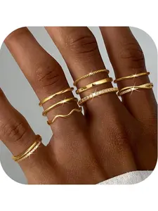 Gold Fashion Stackable Rings for Women Non Tarnish Open Adjustable Rings Cubic Zirconia Thin Thumb Silver Ring Set 14K Gold Filled Pinky Knuckle Stacking Set - Dainty Statement Promise Band Ring Sets