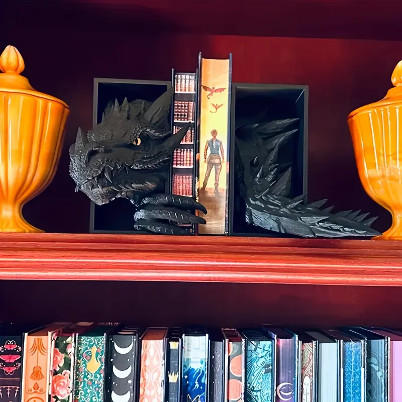2pcs Dragon-Shaped Bookends - Fantasy-Themed Resin Book Holder for Home Decor, Perfect for Organizing and Displaying Books, Dark Color Scheme with Intricate Details, Indoor Use, Book Lover Gifts