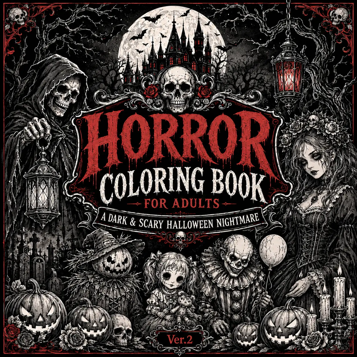 Horror Coloring Book for Adults: A Dark & Scary Halloween Nightmare Ver.2