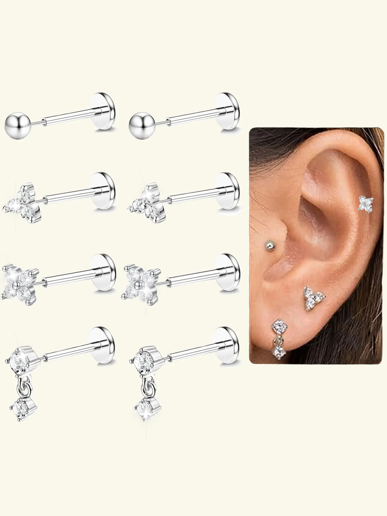 Threadless Flat Back Earrings Studs Stainless Steel Push in Nose Studs Rings 20G CZ Tragus Cartilage Helix Conch Lip Stud, Hypoallergenic Body Piercing Jewelry Helix Pierced Ring, Piercings Jewelry
