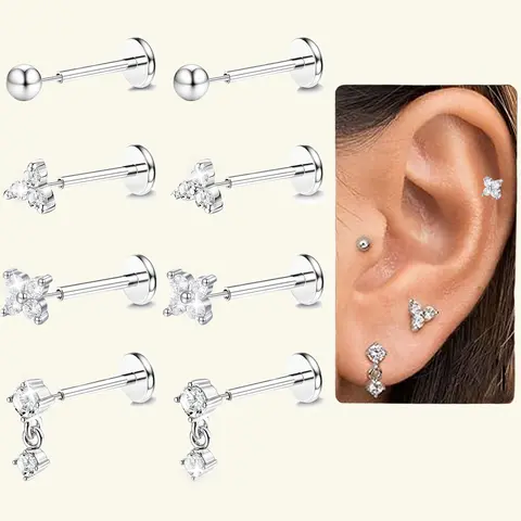 Threadless Flat Back Earrings Studs Stainless Steel Push in Nose Studs Rings 20G CZ Tragus Cartilage Helix Conch Lip Stud, Hypoallergenic Body Piercing Jewelry Helix Pierced Ring, Piercings Jewelry