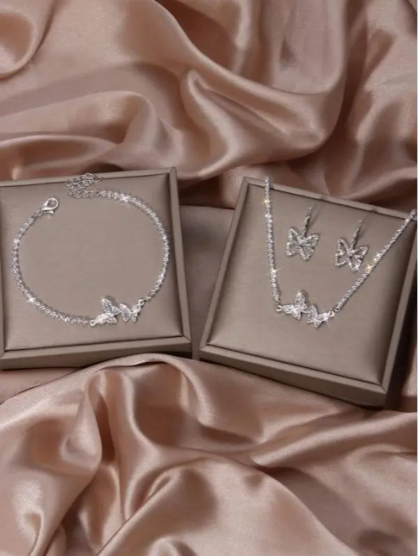 Women's Silver Rhinestone Butterflies Jewelry Set - Bracelet, Necklace, Earrings, Jewellery Gift Set for Gifting, Butterflies Set