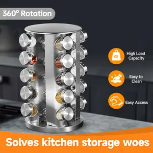New England Stories 20-Jar Rotating Spice Rack – Space-Saving Kitchen Organizer with  Labels, 360° Rotating, Multilayer Storage