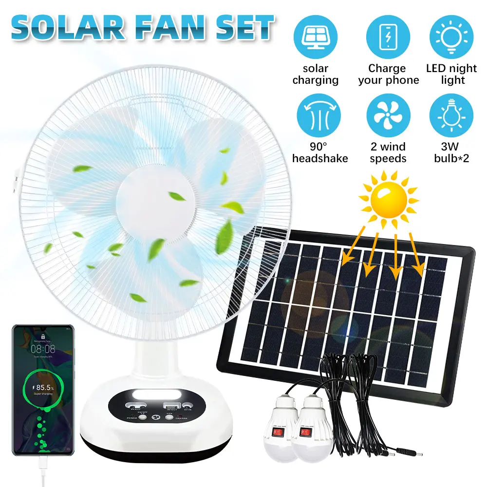 Rechargeable Table Fan with LED Bulbs & Solar Panel,  6V 4500mAh Battery, 18W DC Motor, USB Charging, Wide-Angle Airflow, Portable Solar Fan Kit for Indoor & Outdoor Use