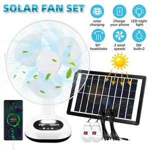 [FathersDayGift] Rechargeable Table Fan with LED Bulbs & Solar Panel,  6V 4500mAh Battery, 18W DC Motor, USB Charging, Wide-Angle Airflow, Portable Solar Fan Kit for Indoor & Outdoor Use