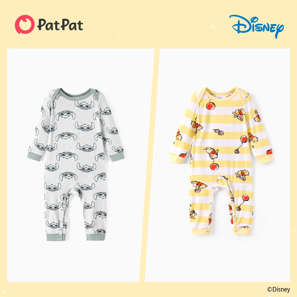 【Live 2 Pack】PatPat Disney Baby Boys Girls Long Sleeve Romper , Stitch Winnie the Pooh Print Snap Button Onesie Jumpsuit for Infant Toddler, Gray & Yellow】