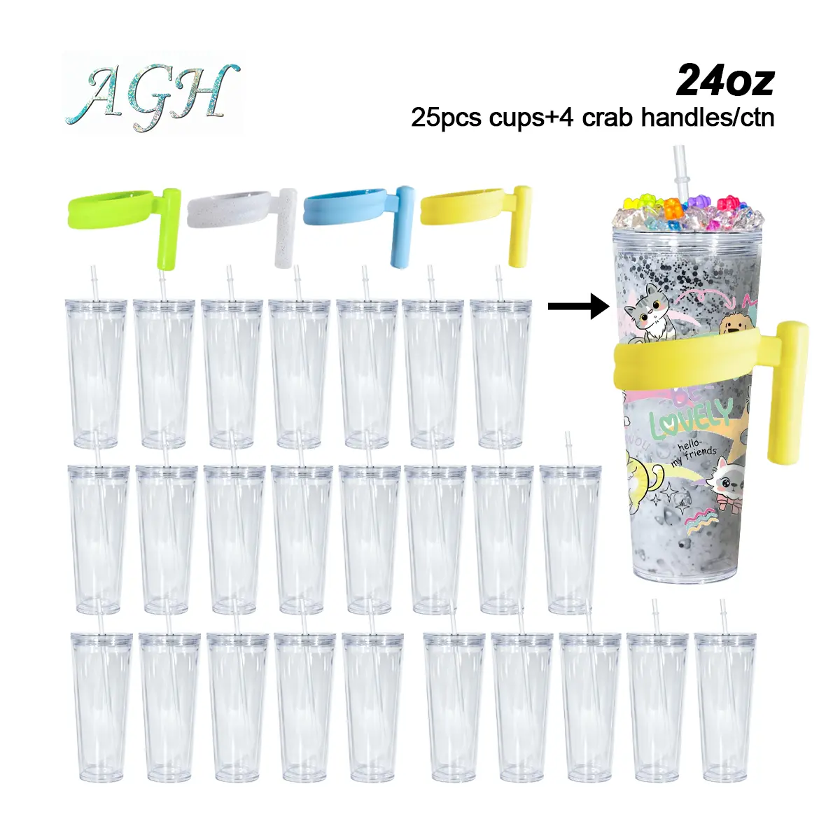 Agh US Old/New Version 25pcs 24oz double walled Plastic Cups Double Wall Clear BPA Free Acrylic Tumblers with Pre Drilled Hole Plug for Cold Coffee DIY glitter Wholesale