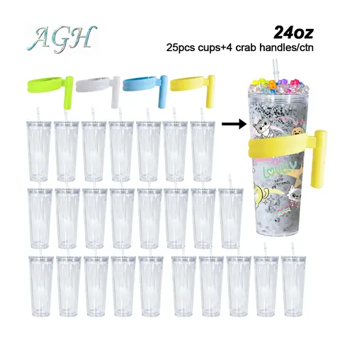 Agh US Old/New Version 25pcs 24oz double walled Plastic Cups Double Wall Clear BPA Free Acrylic Tumblers with Pre Drilled Hole Plug for Cold Coffee DIY glitter Wholesale