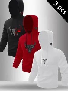 Men's Casual Loose Hooded Sweatshirt, Classic Letter Cow Head Print Fleece Pullover, Fall & Winter Long Fit, 3 Pack