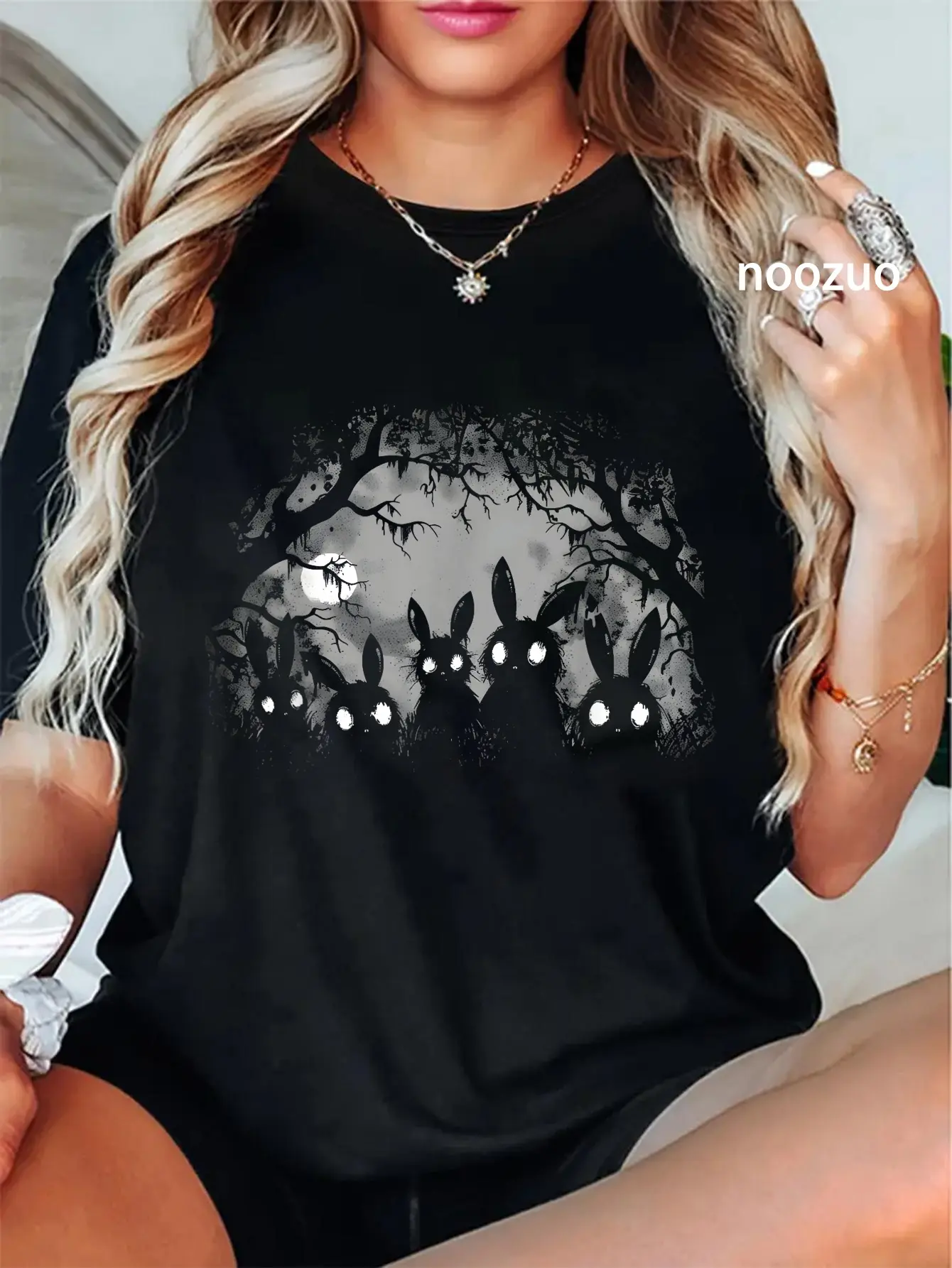 100% Cotton Unisex Creepy Cute Bunny Rabbits Alt Goth Grunge Horror Aesthetic T-Shirt Black Casual Top