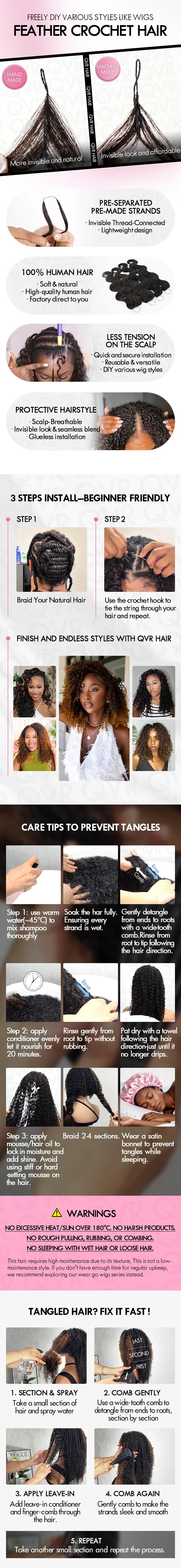 QVR #T1B/30 Feather Crochet Human Hair Burmese Kinky Curly Machine Made Crochet Weave Hair Extensions for Stylish Looks