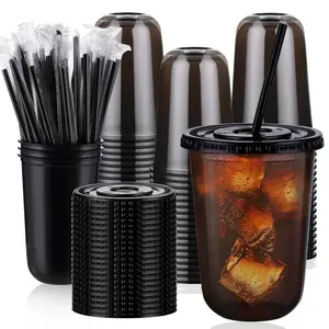 50 Sets 400ml Black Transparent Plastic Cups with Lids and Straws Disposable Iced Coffee protein shake Cups Perfect for Parties and Coffee Events Lightweight PET Material Leak-proof Lid U-shaped Design Essential for to Go Coffee Cup Colorful