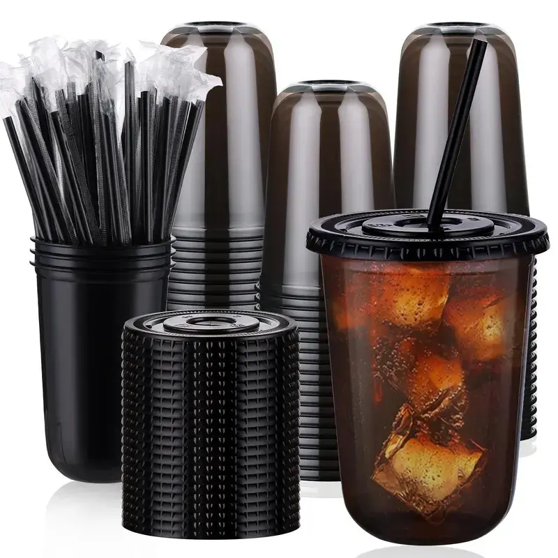 50-Set Disposable PET Plastic To-Go Cups with Flat Lids & Straws, 500ml Black Transparent Leakproof U-Shaped Lightweight, Party Supplies for Iced Coffee Supplies, Weddings, BBQs, Birthdays; Lightweight Cups Ease Long Event Runs