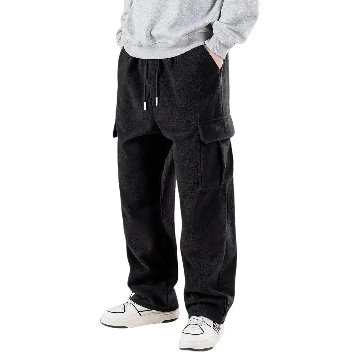 Men's Soft Fleece Cargo Sweatpants - Menswear Simple Full-Length Straight Casual Wear Pants, Adjustable Drawstring Elastic Waist, Multi-Pocket Loose Fit, Toggle Cuffs, Warm Streetwear Bottoms for Fall Winter Daily Use