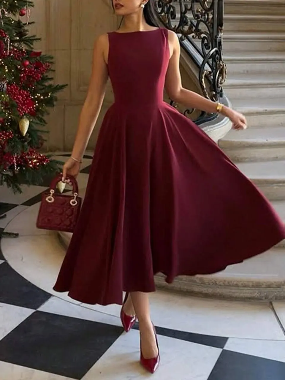 ✨ Women's Elegant Burgundy Dress, Sexy Hollow Out Backless Dress For Christmas, Cocktail Parties And Evening Wear.
