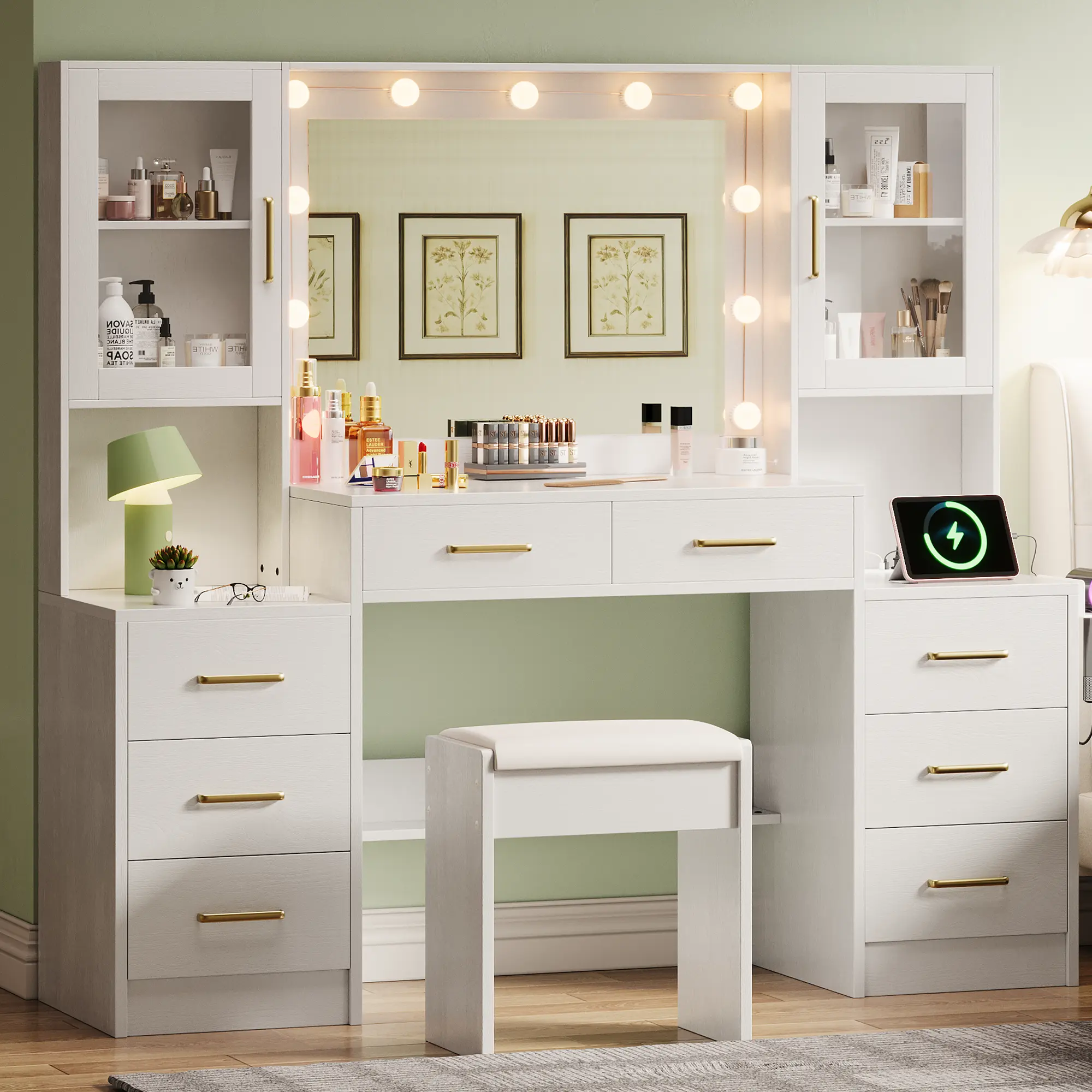 White vanity desk with mirror, replaceable lights and charging station; 58  makeup desk with 8 drawers, 2 cabinets, and lots of storage; dressing table  vanity set with lighted mirror - TikTok Shop