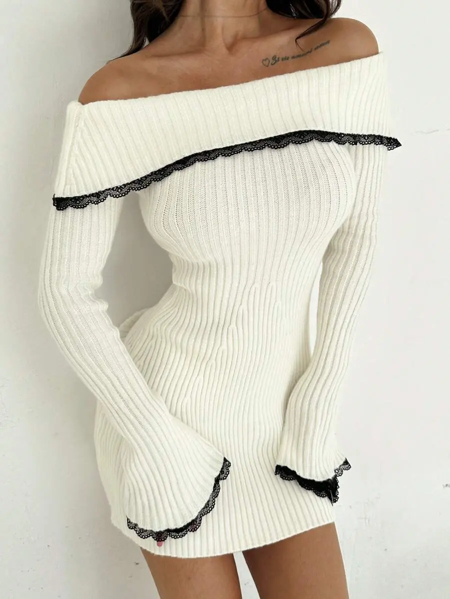 patchwork winter flare dress Fantoye Patchwork Sexy Square Collar Lace Women Dress Black Flare Sleeve French Dress Female Winter Slim Elegant Party Clubwear 241111