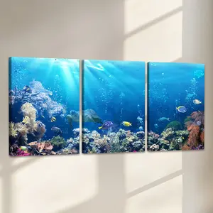 Deep Sea Landscape Pattern Canvas Painting, 3 Counts Wooden Framed Canvas Painting, Wall Art Decor for Home Living Room Bedroom Office, Ornaments