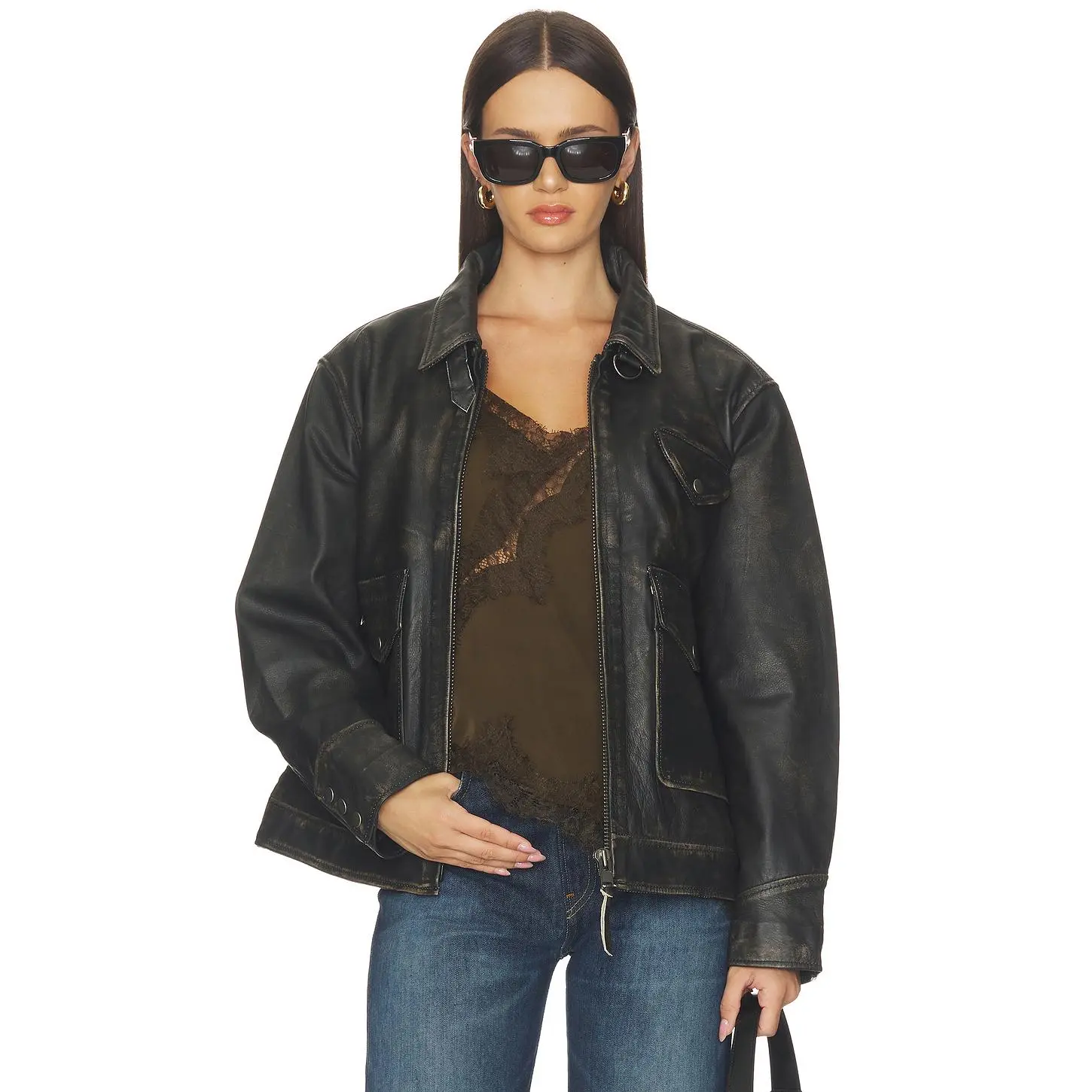 Found Distressed Leather Pocket Jacket in Black