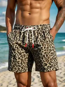 Quick-Dry Leopard Print Men's Swim Trunks, Drawstring Waist Beach Shorts, Summer Waterproof Board Shorts for Surfing, Swimming, Vacation & Daily Wear, Casual Breathable Animal Print Swimwear