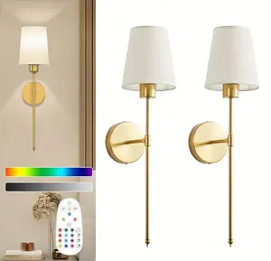 Set of 2 Wireless Rechargeable Wall Lights with Remote, Dimmable RGB Color Changing Battery Operated Sconces for Bedroom Living Room Hallway