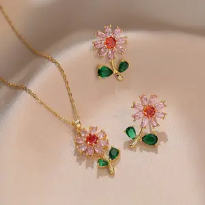 3/pcs Exquisite Flower Design Full Shiny Zircon Inlaid Dangle Earrings & Pendant Necklace Elegant Cute Style Delicate Female Jewelry Set，gifts for women