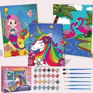 Paint-by-Numbers-Kit-for-Kids, 3 Pack 8x10 Inch Framed Canvas With 24x3ml Acrylic Paints Pots, 6 Brushes, Paint And Sip Kit For Kids, Predrawn Paint Canvas, Painting Stuff For Teens, Christmas Art Set