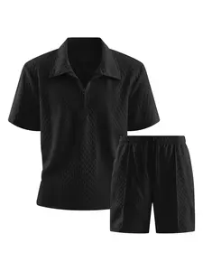 Men's Solid Color Polo Shirt and Drawstring Waist Shorts Set, Comfortable Breathable Two-Piece, Summer Outdoor Wear