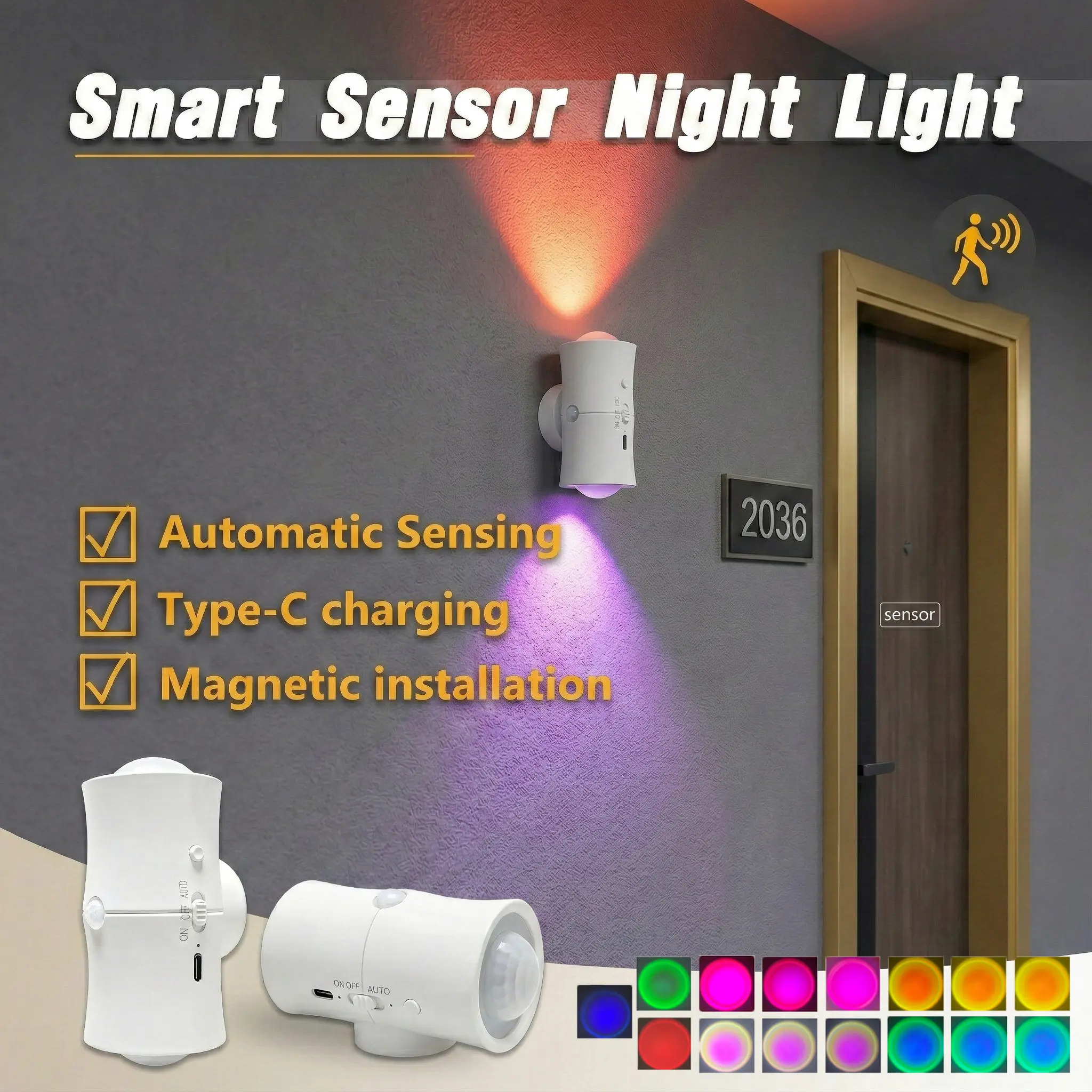 Smart LED Auto-Sensor Night Light - Magnetic RGB Indoor Ambiance Wall Spotlights, USB-Rechargeable Power-Saving Dimmable USB-Powered Wall Sconce for Bedroom, Hallway Home Decor, Indoor Wall Spotlights