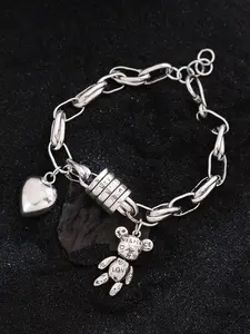 Vintage Heart Pendant Graffiti Bear Charm Hand Chain Bracelet, Punk Style Copper Jewelry, Trendy Unique Cross-Border Accessory for All Seasons