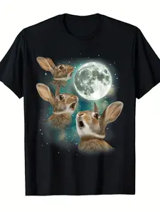 Men's Retro 3 Rabbit Meme T-Shirt - Funny Bunny Graphic Tee with Cute Wildlife Rabbits, Comfortable Casual Short Sleeve Shirt for Casual Attire & for all-Season Outfits (Three Bunny Moon Design)
