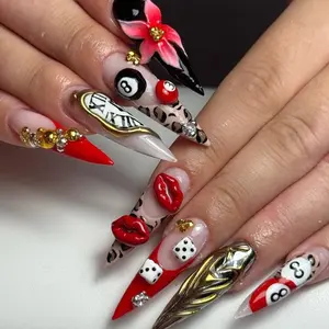 AURA NAILS \ Vegas Nights Glam Press On Nails  3D Dice And 8-Ball Nail Art  Bold Red & Gold Stiletto Nails  Casino-Inspired Glam Nails
