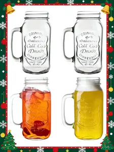 【Set of 4】24 OZ Mason Jar Drinking Glasses for Party Beverages Materials and Jars with Comfortable Handle Easy to Clean in the Dishwasher