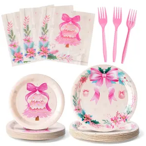 Coquette Pink Bow Christmas Tree Party Plates Disposable Tableware Set for 24-96 Guests
