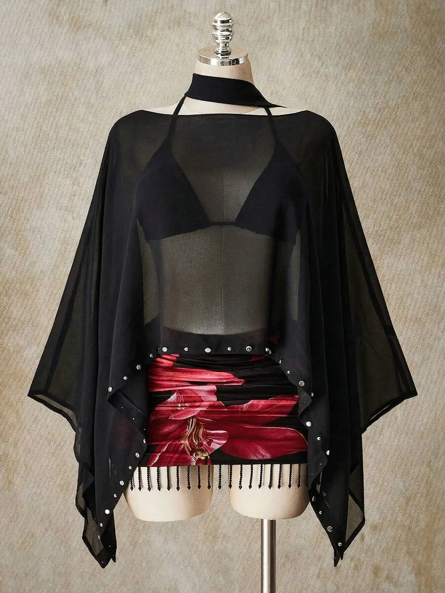 Plus Size Asymmetrical Top Faux Suede Cape-Style Blouse with 3 Quarter Sleeves for Night Out