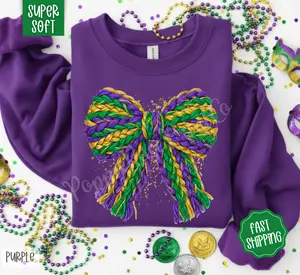 Faux Knit Mardi Gras Bow Sweatshirt, Trendy Women's Sweater