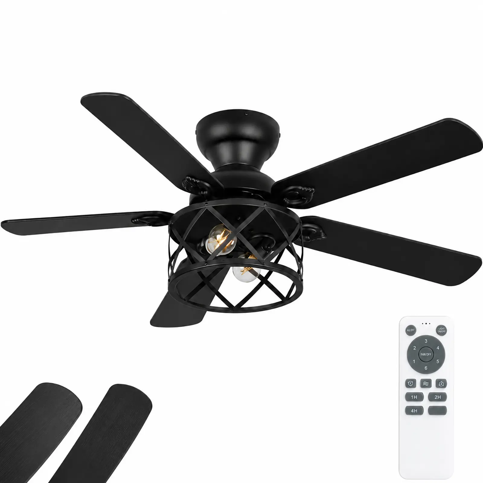 52" Black Lantern Cage Ceiling Fan with LED Lights, 5-Blade Farmhouse Style, Remote Control, 6-Speed Reversible 35W DC Motor, Natural Breeze, 2x15W E26 Bulbs Included, Fits Up to 15° Sloped Ceilings