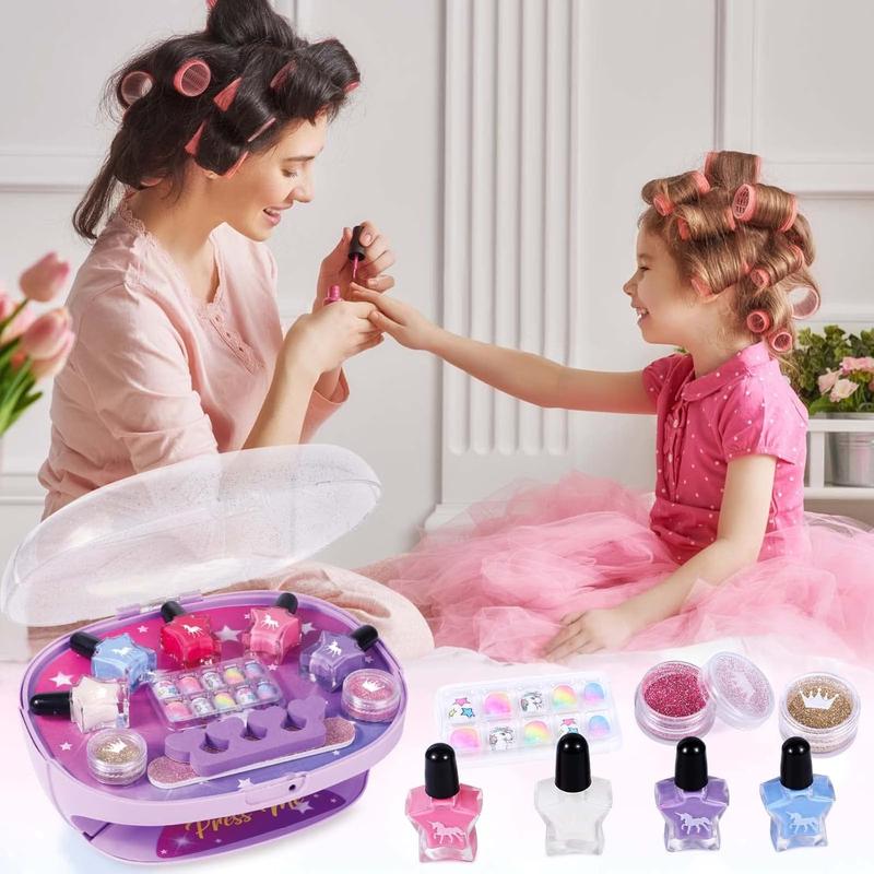 Kids Nail Polish Set for Girls, All-in-One Nail Art Kit - Nail Dryer/ Nail Polish/ Glitter Powder/ False Nails/ Nail Decals/ Toe Separator/File, Age 3-12 Little Girl Gift Toys
