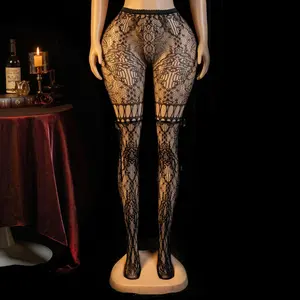 Women's Sexy Lace Hollow Out Fishnet Pantyhose With Ribbon lingerie sheer style Breathable Rope Pattern Tights Thigh High Stocking thigh-high back semi-transparent thick legging day fabric girl special night black
