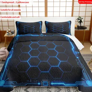 3pcs, 2D flat print Modern Tech Hexagon bed cover set, Futuristic LED Circuit Board theme, multiple sizes available, bedding set, festive decorative bedding, ideal for bedroom décor(1 bedspread , 2 pillowcase)