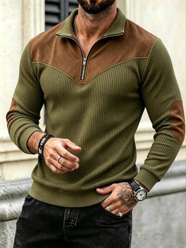 Men's Color Block Half-Zip Long Sleeve Polo Shirt, Ideal for Autumn Casual Beige Top Menswear