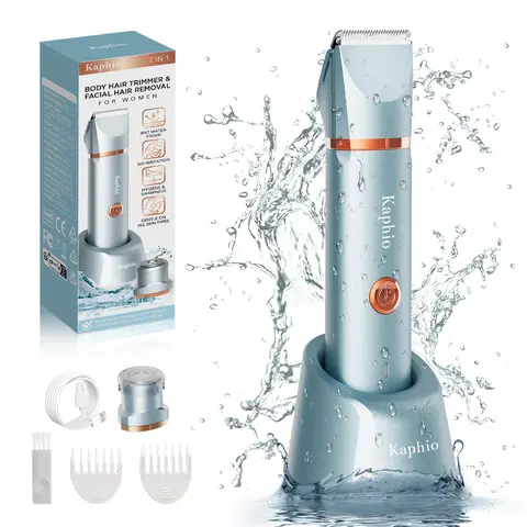 Kaphio Women's 2-in-1 IPX7 Waterproof Wet & Dry Electric Bikini Trimmer Set for Adults - Rechargeable Cordless Wireless Body Trimmer with Smooth Ceramic Blades, ABS Comfort Feature, Bathtub-Safe