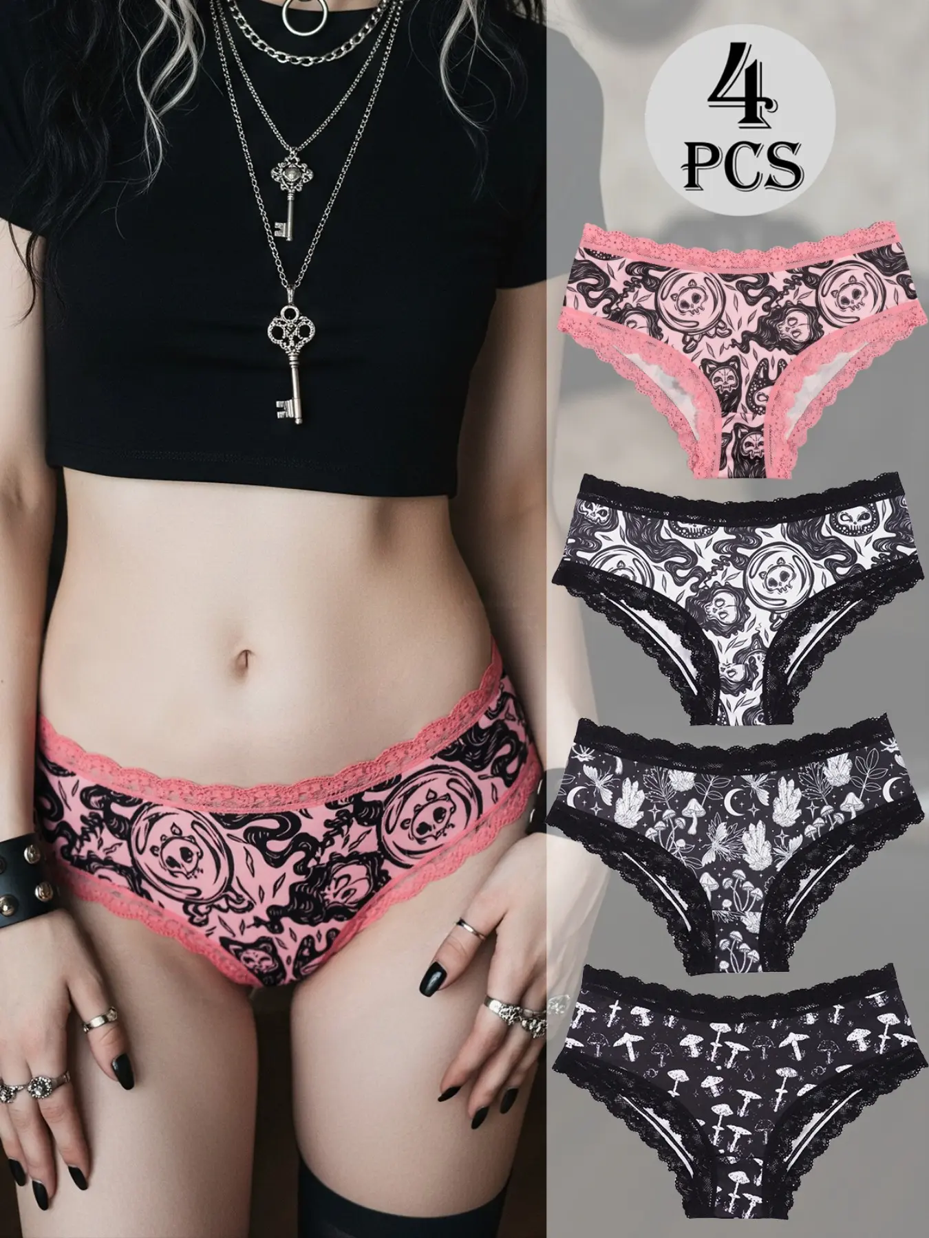 Morvia 4Pcs Gothic Pink Cat Skull & Mushroom Printed Panties for Women, Sexy Lace Trim Hipster Underwear, Alt Aesthetic Grunge Emo Style Briefs, Soft Breathable Stretchy Lingerie Pack